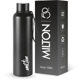 MILTON Aura 1000 Thermosteel Water Bottle, ISI Certified, 24 Hr Hot and Cold 1 L Steel Flask (Pack of 1, Black)