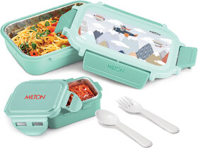 MILTON Sherry Steel Tiffin Lunch with inner Steel Container, Spoon & Fork Mint Green 2 Containers Plastic School Lunch Box