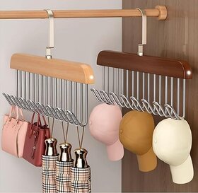(Pack of 2) Wooden Clothes 8-Hook Hanger Multi-Purpose Wardrobe Organizer for Belts Scarves Ties Bras Lingerie Adjustable Space-Saving Hanger for Closet and Cupboard(28X9CM Multicolour)