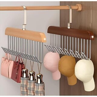 (Pack of 2) Wooden Clothes 8-Hook Hanger Multi-Purpose Wardrobe Organizer for Belts Scarves Ties Bras Lingerie Adjustable Space-Saving Hanger for Closet and Cupboard(28X9CM Multicolour)