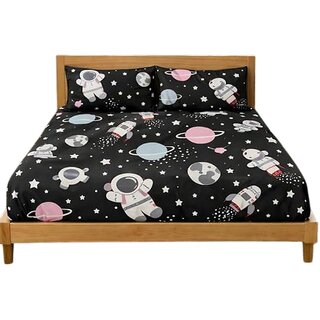 Vibrant Space-Themed Double Fitted Bed Sheet with Astronaut Design