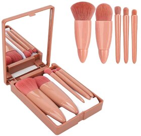 Stylish Compact Rose Gold Mini Makeup Brushes Kit with Built-in Mirror - Perfect for On-the-Go Beauty Touch-Ups and Professional Makeup Application