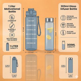 Hydration Duo 1 Litre Leakproof Sipper Bottle with Time Marker  Mini 300ml Stylish Glass Bottle for Office, Gym
