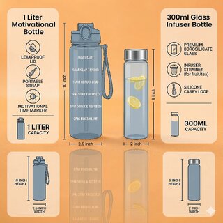 Hydration Duo 1 Litre Leakproof Sipper Bottle with Time Marker  Mini 300ml Stylish Glass Bottle for Office, Gym