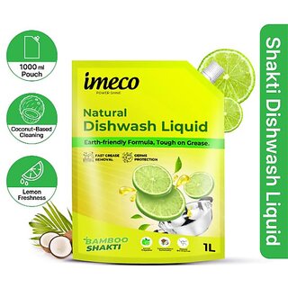 IMECO Bamboo Shakti Dishwash Liquid Refill Pouch, Lemon  Coconut Fragrance - 1L