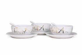Ariya Melamine French Soup Bowl Set of 3 (350 ml, White///Gold///Black) with Spoons & Saucers|Premium Soup Serving Bowls|Microwave & Dishwasher Safe|Durable Bowls for Soup, Noodles, Cereal & Pasta