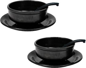 Ariya Melamine Soup Bowl Set (Black  Pack of 2 Sets) with Saucer  Spoon, Microwave  Dishwasher Safe Bowls for Soup, Noodles, Cereal, Oatmeal, Pasta, Stain-Free Serving Set for All Occasions