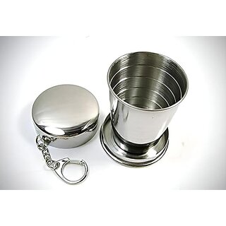 Foldable Glass Compact Portable Folding Stainless Steel Travel Mug -Water Cup with Hanging Chain for Camping, Hiking  O