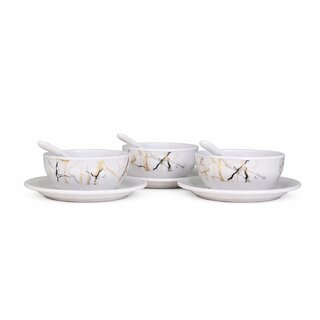 Ariya Melamine French Soup Bowl Set of 3 (350 ml, White///Gold///Black) with Spoons & Saucers|Premium Soup Serving Bowls|Microwave & Dishwasher Safe|Durable Bowls for Soup, Noodles, Cereal & Pasta