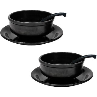Ariya Melamine Soup Bowl Set (Black  Pack of 2 Sets) with Saucer  Spoon, Microwave  Dishwasher Safe Bowls for Soup, Noodles, Cereal, Oatmeal, Pasta, Stain-Free Serving Set for All Occasions