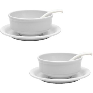 Ariya Melamine Soup Bowl Set (White | Pack of 2 Sets) with Saucer & Spoon, Microwave & Dishwasher Safe Bowls for Soup, Noodles, Cereal, Oatmeal, Pasta, Stain-Free Serving Set for All Occasions
