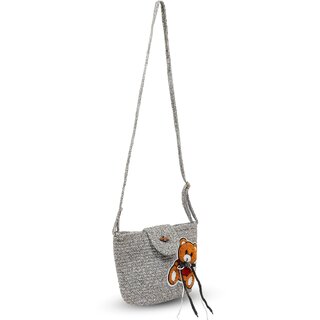 Ariya Kid's Sling Bag with Teddy Patch (4059 | Light Gray) PP & Cotton Blend, Handcrafted Lightweight Crossbody Bag for Girls, Stylish and Durable Purse for School, Travel & Daily Use