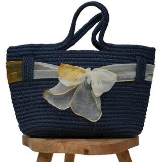 Ariya Women's Handbag with Decorative Sheer Bow (4071 | Blue) Handcrafted PP & Cotton Blend Shoulder Purse, Perfect for Ladies & Girls, Lightweight Tote Bag for Daily, Casual, Travel