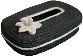 Ariya Cotton Blend Dark Grey Oval Tissue Box Holder with White Line & Flower (3 x 11.7 inch), Holds 100 Pulls, Handcrafted for Home, Office, Car, Desk, Dining & Living Room Decor