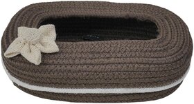 Ariya Cotton Blend Brown Oval Tissue Box Holder with White Line & Flower (3 x 11.7 inch), Holds 100 Pulls, Handcrafted for Home, Office, Car, Desk, Dining & Living Room Decor