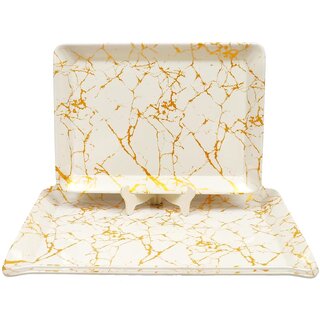 Ariya Melamine Rectangle Serving Tray Set of 2 (White-Gold | Small) Serveware for Food, Drinks, Snacks, Serving Platters for Home, Hotel, Restaurants, Bar, Parties, Office, Dishwasher Safe, Stain Free