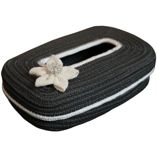 Ariya Cotton Blend Dark Grey Oval Tissue Box Holder with White Line & Flower (3 x 11.7 inch), Holds 100 Pulls, Handcrafted for Home, Office, Car, Desk, Dining & Living Room Decor
