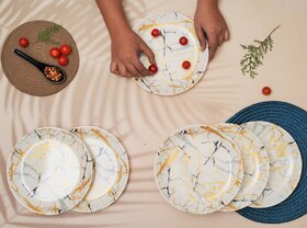 Ariya Half Dinner Plates Pack of 6, White, Gold and Black Stylish and Durable Plates for Salads, 8 Inch Melamine Plates for Starters and Portions, Chip-Resistant, Dishwasher & Microwave Safe Plate
