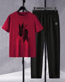AUSK Mens Casual Graphic Print Cotton Blend Maroon & Black Summer wear Co-ords set of T-Shirt & Trakpant