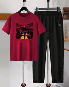 AUSK Mens Casual Graphic Print Cotton Blend Maroon & Black Summer wear Co-ords set of T-Shirt & Trakpant