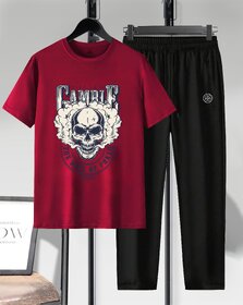 AUSK Mens Casual Graphic Print Cotton Blend Maroon & Black Summer wear Co-ords set of T-Shirt & Trakpant