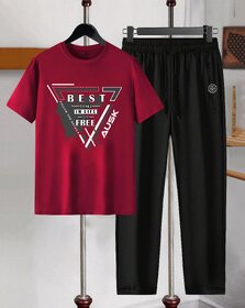 AUSK Mens Casual Graphic Print Cotton Blend Maroon & Black Summer wear Co-ords set of T-Shirt & Trakpant