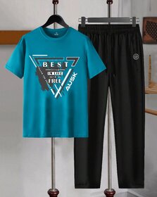 AUSK Mens Casual Graphic Print Cotton Blend Teal Blue & Black Summer wear Co-ords set of T-Shirt & Trakpant