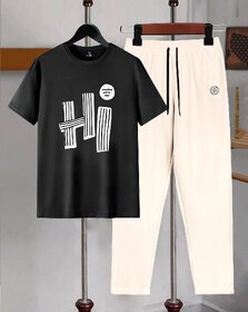 AUSK Mens Casual Printed Cotton Blend Black & Beige Summer wear Co-ords set of T-Shirt & Trakpant
