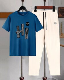 AUSK Mens Casual Printed Cotton Blend Teal Blue & Beige Summer wear Co-ords set of T-Shirt & Trakpant