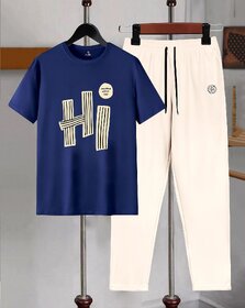 AUSK Mens Casual Printed Cotton Blend Blue & Beige Summer wear Co-ords set of T-Shirt & Trakpant