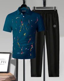 AUSK Mens Casual Printed Cotton Blend Teal Blue & Black Summer wear Co-ords set of T-Shirt & Trakpant