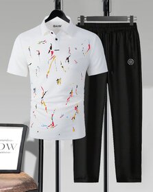AUSK Mens Casual Printed Cotton Blend White & Black Summer wear Co-ords set of T-Shirt & Trakpant