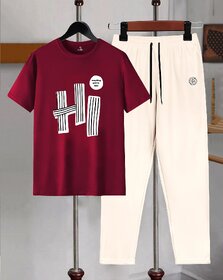 AUSK Mens Casual Printed Cotton Blend Maroon & Beige Summer wear Co-ords set of T-Shirt & Trakpant