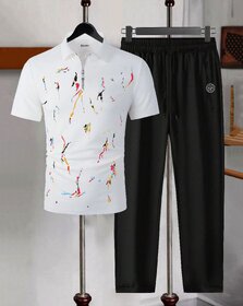 AUSK Mens Casual Printed Cotton Blend White & Black Summer wear Co-ords set of T-Shirt & Trakpant