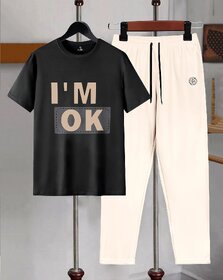 AUSK Mens Casual Printed Cotton Blend Black & Beige Summer wear Co-ords set of T-Shirt & Trakpant
