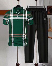 AUSK Mens Casual Printed Cotton Blend Bottle Green & Black Summer wear Co-ords set of T-Shirt & Trakpant