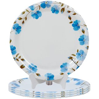 Ariya 11 Inches Melamine Dinner Plate Set | Set of 4 | Blue Petal | Microwave & Dishwasher Safe | Full Serving Plate Set for Snacks, Breakfast, Lunch & Dinner | Break Resistant & for All Occasions