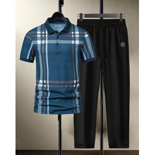 AUSK Mens Casual Striped Cotton Blend Beige & Teal Blue Summer wear Co-ords set of T-Shirt & Trakpant