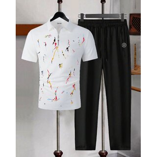 AUSK Mens Casual Printed Cotton Blend White & Black Summer wear Co-ords set of T-Shirt & Trakpant