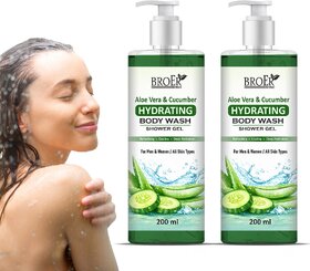 (Pack of 2) Broer Aloe Vera Cucumber Hydrating Body Wash Soft Smooth Fresh Glowing Skin Shower Gel (400 ml)