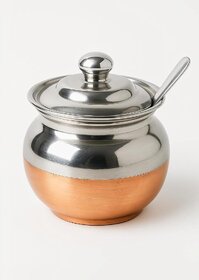 Premium Stainless Steel Ghee Pot with Copper Bottom 250ml Oil Container with Spoon and Lid Traditional Ghee Dani Mirror Finish