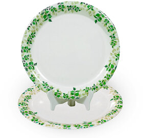 Aurka Dcor 11 Inch White & Green Melamine Dinner Plate Set of 2