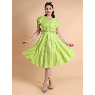 Granth Fashion Women Light Green Printed Half Sleeve Cotton Blend Dress