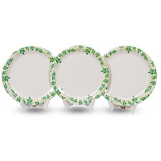 Aurka Dcor 11 Inch White & Green Melamine Dinner Plate Set of 3