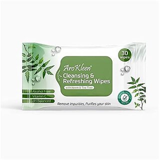 Arokleen Natural Daily Cleansing & Refreshing Facial Wet Wipes With Neem & Tea Tree | Removes Oil & Dirt | Make Up Remover Wipes | Hydrating - Clinically Tested- 30 WIPES (PACK OF 1)