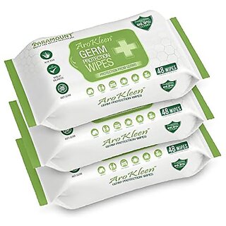 AROKLEEN 99.99% 144 Count Germ Protection Multipurpose Thick & Soft Wet Wipes 100% Alcohol-Free Disinfectant Sanitizer Wet Wipes for Skin & Surfaces Aloe Vera Fragrance Anti Germ Pack of 3