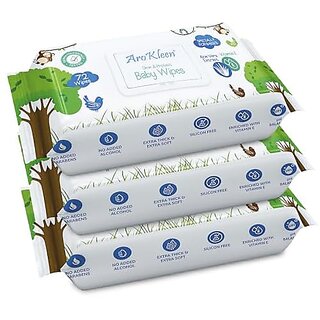 AroKleen Pure Water Soft Cleansing Baby Wipes  216 Wipes-Pack of 3  Extra Thick  Moist Wet Wipes for Baby's  Prevents Rashes  Redness with Goodness of Aloe Vera  Vitamin E