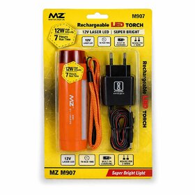 MZ M907 Rechargeable 12W Laser LED Torch  High Intensity Super Bright Flashlight with 7-Hour Runtime, Round Pin Charger, and Hanging Lanyard (Orange)