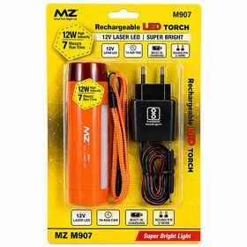 MZ M907 Rechargeable 12W Laser LED Torch  High Intensity Super Bright Flashlight with 7-Hour Runtime, Round Pin Charger, and Hanging Lanyard (Orange)