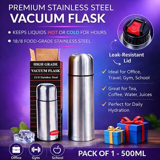 Premium Stainless Steel Vacuum Flask 500ml  Hot  Cold Insulated Bottle  Leak-Resistant Lid  18/8 Food Grade Steel  Travel, Office, Gym Water Bottle